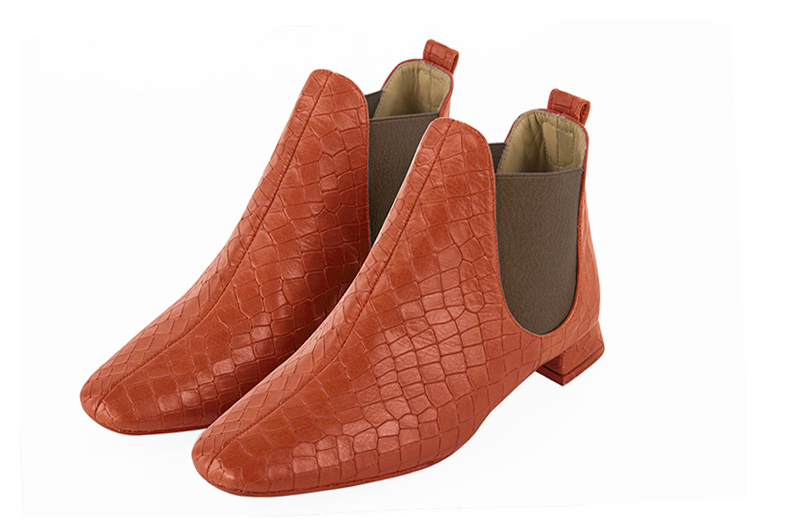 Terracotta orange and taupe brown women's ankle boots, with elastics. Square toe. Flat flare heels. Front view - Florence KOOIJMAN